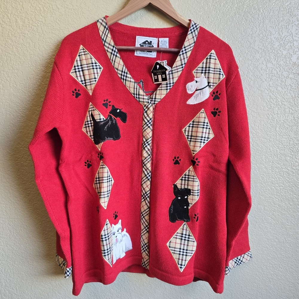 Storybook Knits L Cardigan sweater Scottish Terrier Plaid Holiday NWT